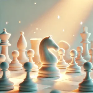 dall·e 2025 10 02 11.28.49 a minimalist digital illustration of a chessboard bathed in soft golden morning light. at the center, a single white knight chess piece appears gently