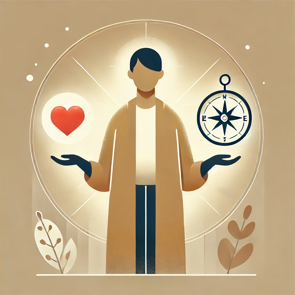 dall·e 2025 10 04 18.22.14 a flat style digital illustration of a serene, gender neutral person standing calmly with a small glowing heart in one hand and a compass in the other